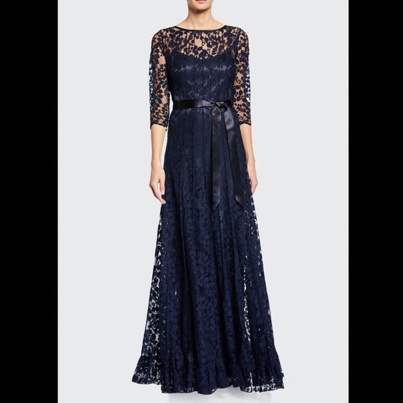 NWT RICKIE FREEMAN FOR TERI JON 3/4-sleeve Lace Overlay Gown In Navy $640 - Picture 2 of 8